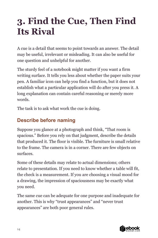 Blink Then Check interior page explaining how to identify a cue and distinguish a room's appearance from its dimensions