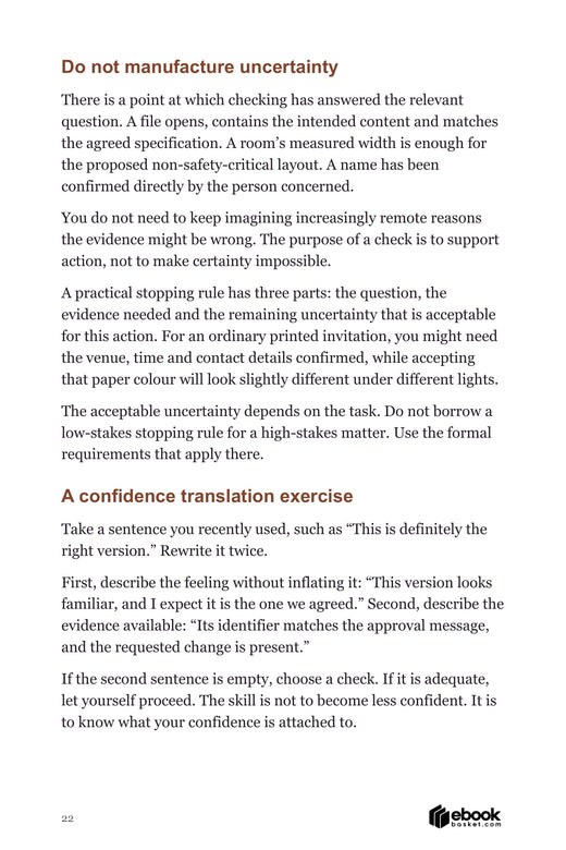 Blink Then Check interior page with a practical stopping rule and a confidence translation exercise
