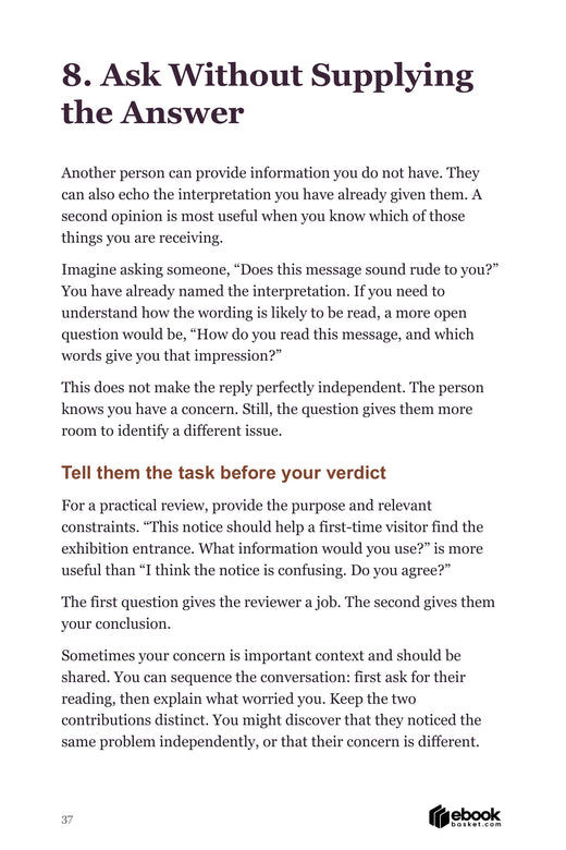 Blink Then Check interior page showing how to ask for feedback without leading the reviewer to an answer