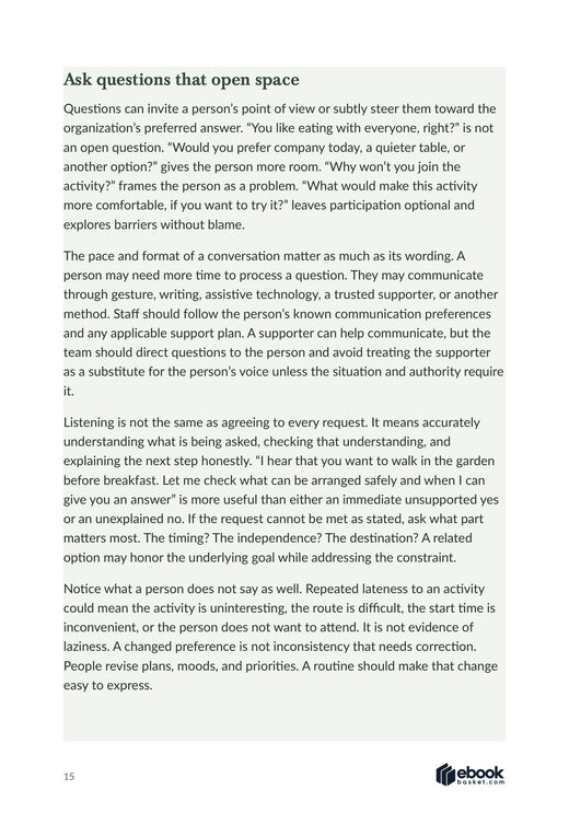Interior page with a practical sequence for listening to resident preferences and clarifying what matters.
