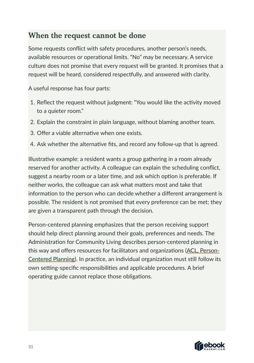 Interior page outlining a respectful response when a service request cannot be fulfilled exactly as asked.