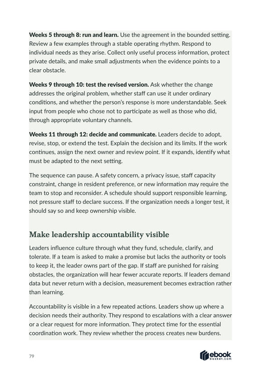 Interior page with a phased implementation sequence for improving service follow-through.