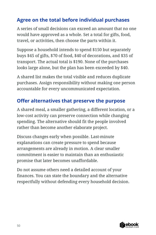 Spend Smarter When Prices Rise — actual PDF page 50: Agree on the total before individual purchases A series of small decisions can exceed an amount that