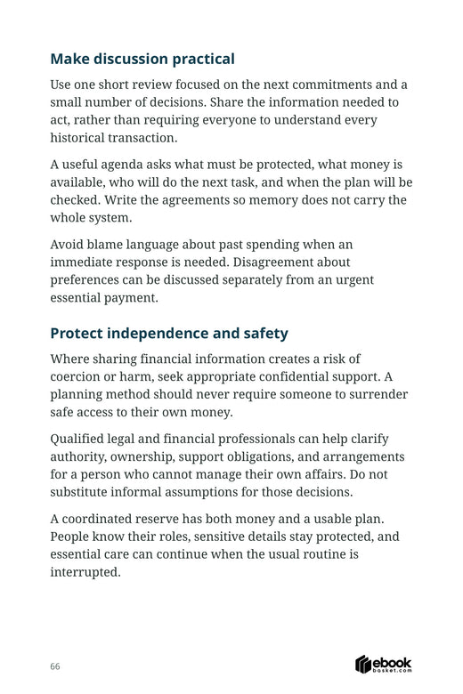 The Financial Safety Net Blueprint — actual PDF page 66: Make discussion practical Use one short review focused on the next commitments and a