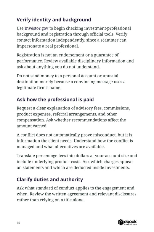 The Calm Investor Advantage — actual PDF page 65: Verify identity and background Use Investor.gov to begin checking investment-professional