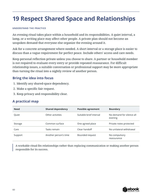 The Before Bed Mindset Ritual — actual PDF page 60: 19 Respect Shared Space and Relationships An evening ritual takes place within a household and its r