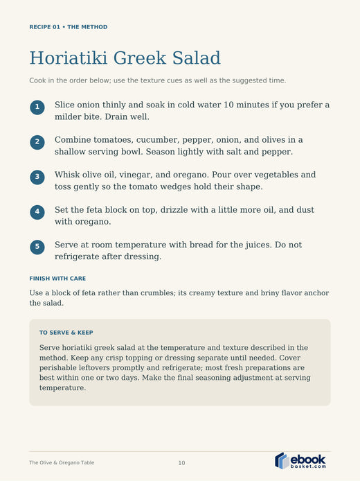The Olive & Oregano Table: A Taste of Greece — actual PDF page 10: Horiatiki Greek Salad — RECIPE 01 • THE METHOD