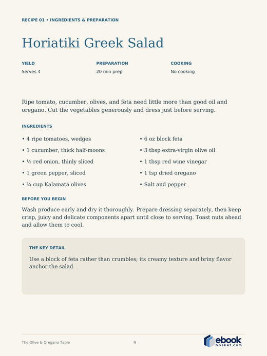 The Olive & Oregano Table: A Taste of Greece — actual PDF page 9: Horiatiki Greek Salad — RECIPE 01 • INGREDIENTS & PREPARATION