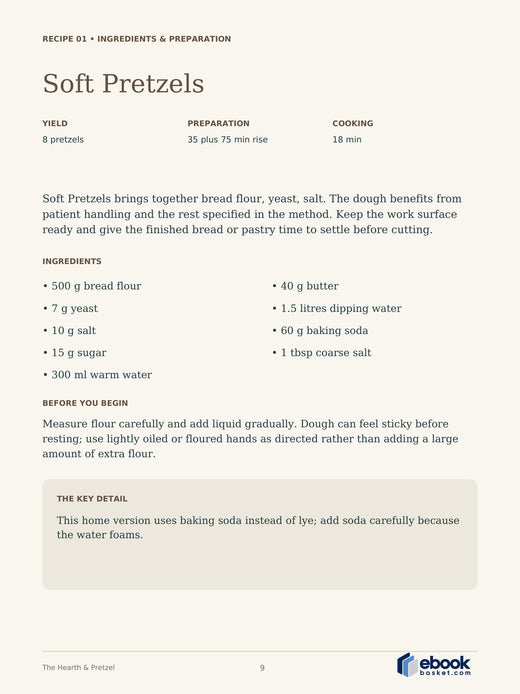The Hearth & Pretzel: A Taste of Germany — actual PDF page 9: Soft Pretzels — RECIPE 01 • INGREDIENTS & PREPARATION