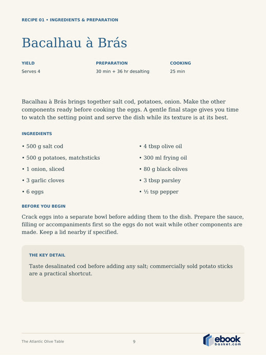 The Atlantic Olive Table: A Taste of Portugal — actual PDF page 9: Bacalhau à Brás — RECIPE 01 • INGREDIENTS & PREPARATION