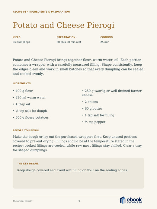The Amber Hearth: A Taste of Poland — actual PDF page 9: Potato and Cheese Pierogi — RECIPE 01 • INGREDIENTS & PREPARATION