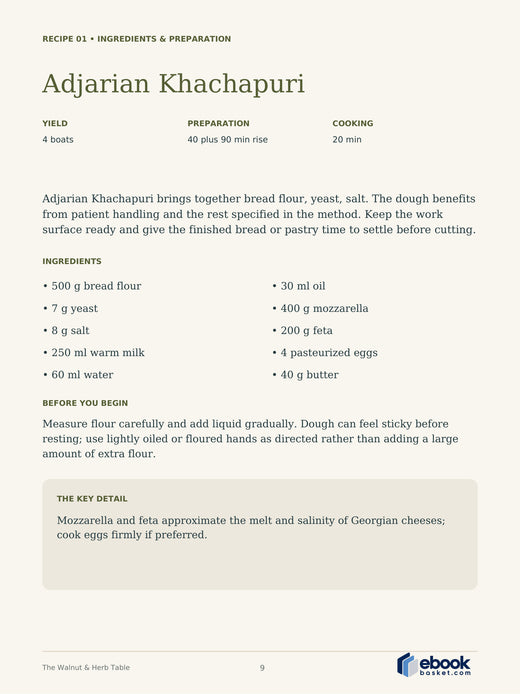 The Walnut & Herb Table: A Taste of Georgia — actual PDF page 9: Adjarian Khachapuri — RECIPE 01 • INGREDIENTS & PREPARATION