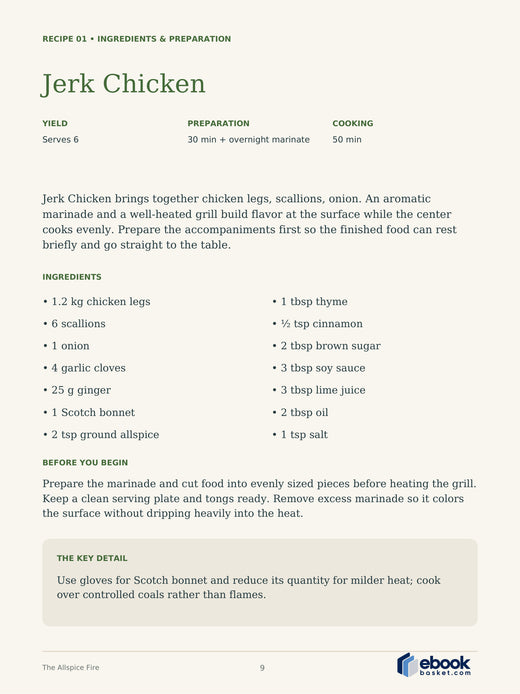 The Allspice Fire: A Taste of Jamaica — actual PDF page 9: Jerk Chicken — RECIPE 01 • INGREDIENTS & PREPARATION